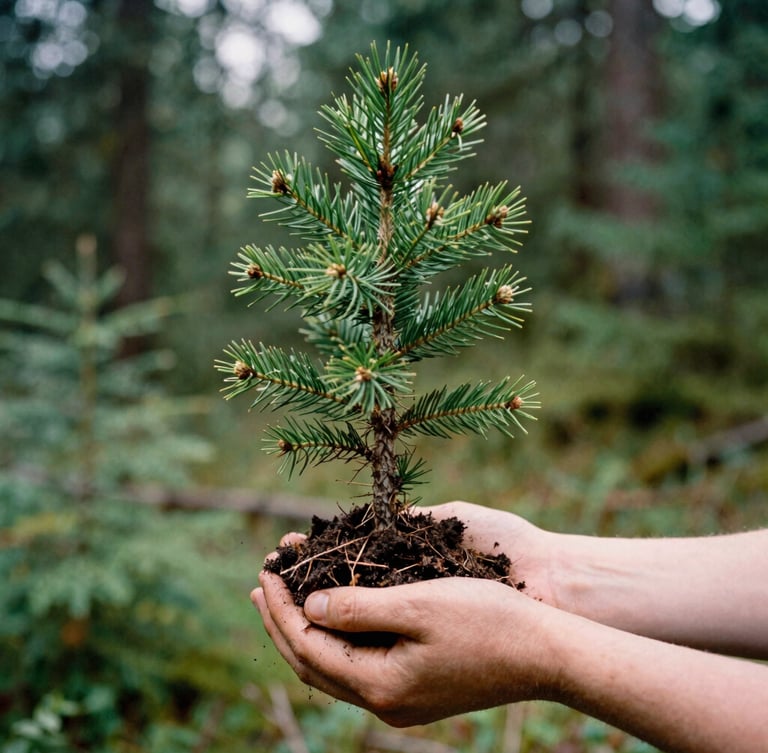 Candid medium shot of hands holding a young Douglas fir sapling in rich, damp soil, soft overcast Pacific Northwest daylight, 35mm film style.