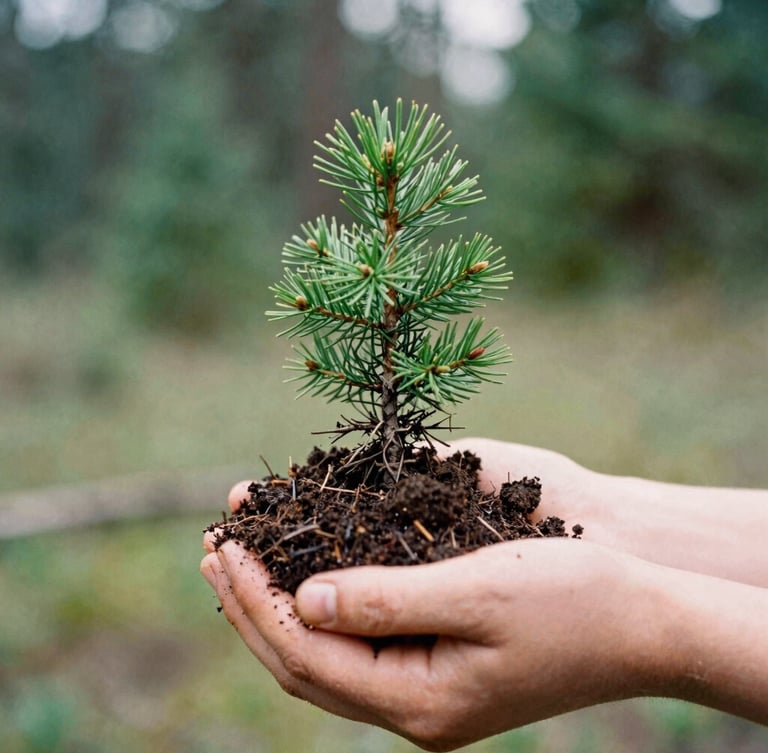 Candid close-up of hands holding damp rich soil with a small green Douglas fir sapling, soft overcast Pacific Northwest daylight, earthy tones, 35mm film style.
