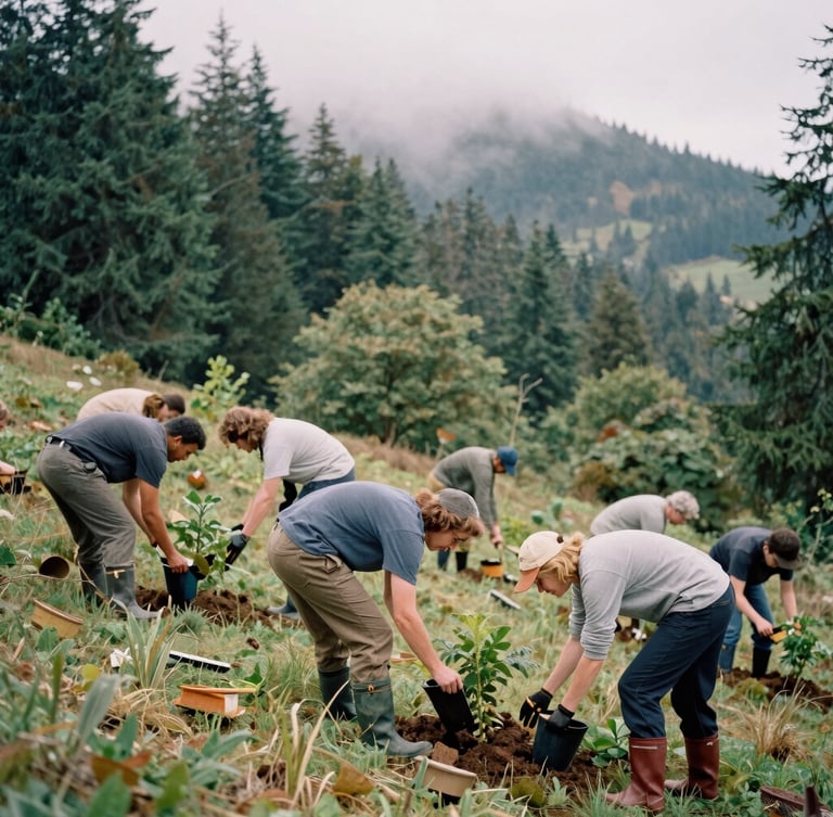 Candid action shot of volunteers of diverse ages planting trees on a misty Washington hillside, wearing rain boots, soft filtered forest light, 35mm film style.