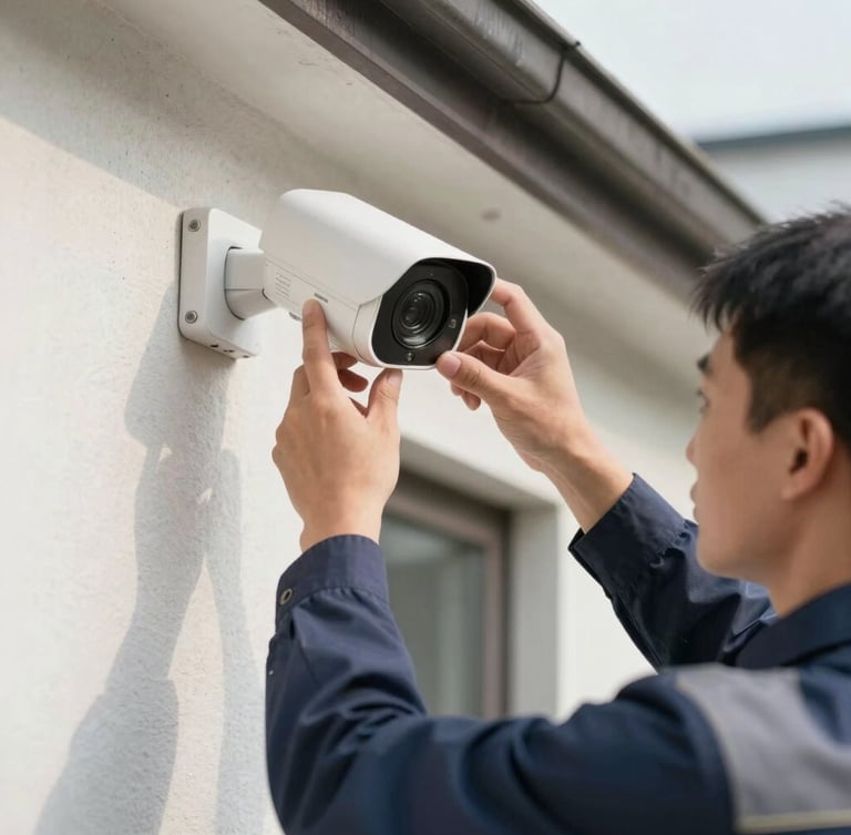 Close-up of a technician in a professional uniform installing a modern white security camera on a residential wall, bright daylight, focused hands
