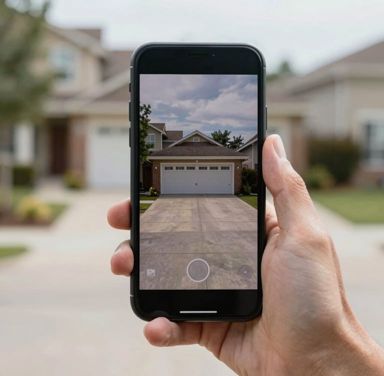 Close-up of a hand holding a smartphone displaying a real-time security camera feed of a clean residential driveway under bright daylight