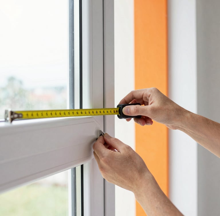 Close-up of hands carefully measuring a window frame with a tape measure, bright natural daylight streaming through the window, highlighting the precision and attention to detail, crisp white and vibrant orange accents in the background, clean architectural framing, 35mm