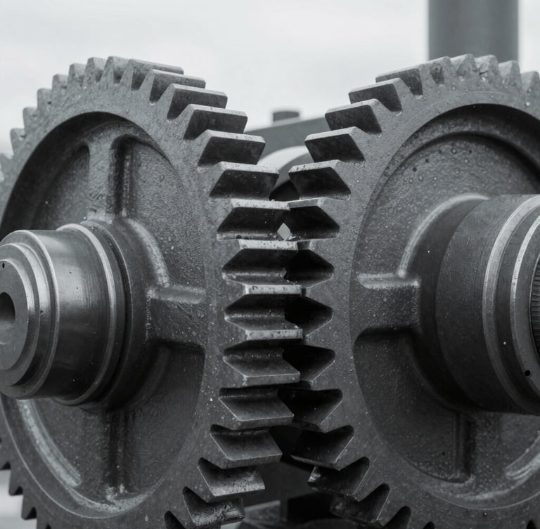 Macro close-up of heavy industrial machinery gears, desaturated editorial photography, cool overcast daylight, sharp focus, 35mm film