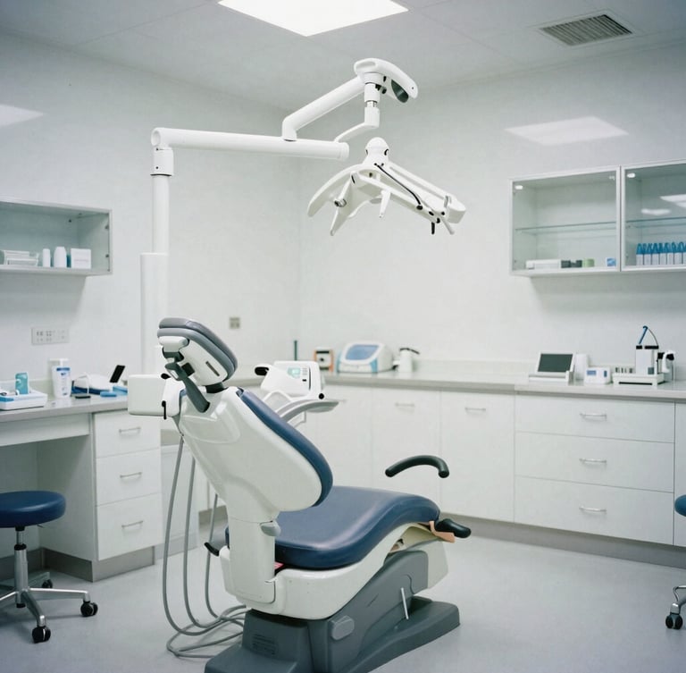 Wide environmental shot of a modern clean clinical dental operatory, desaturated editorial photography, cool overcast daylight, sharp focus, 35mm film