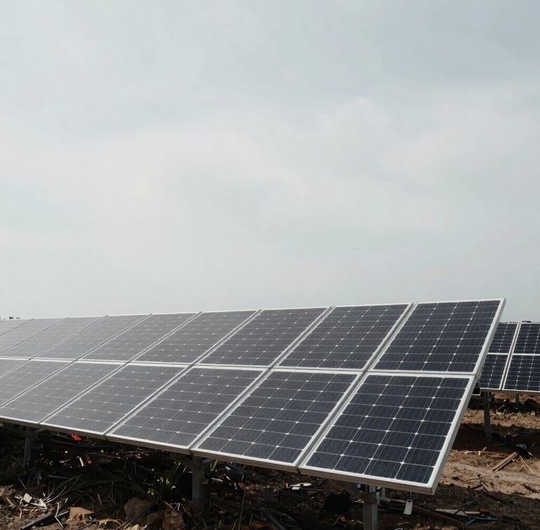Wide panoramic shot of a solar panel installation site under an overcast sky, desaturated editorial photography, cool daylight, sharp focus, 35mm film