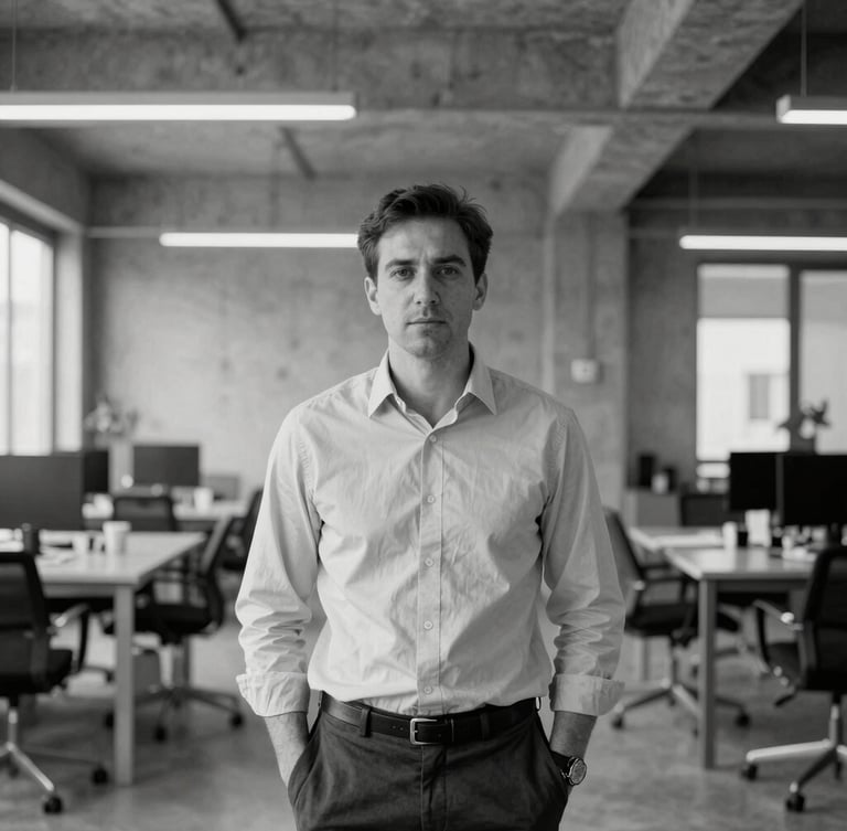 Desaturated editorial portrait of a male financial advisor in a quiet, modern concrete office, cool overcast daylight, sharp focus, 35mm film