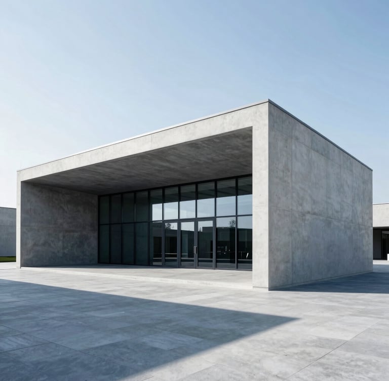 Wide-angle architectural perspective of a modern concrete and glass pavilion, sharp geometric lines, cool high-key morning daylight, deep navy shadows, 35mm