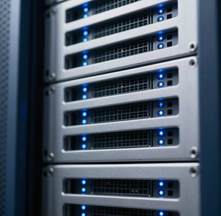 Abstract macro detail of modern server arrays, small glowing blue indicator lights, clean metallic textures, cool studio lighting, deep navy tones