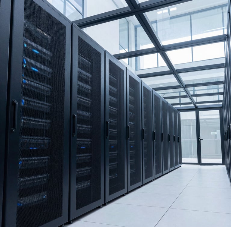 Wide-angle architectural perspective of a modern high-security data center corridor, cool daylight filtering through glass panels, deep navy shadows, sharp focus, 35mm