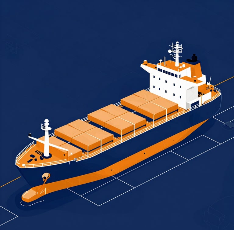 Sharp vector illustration in isometric blueprint style, high-contrast navy and orange, showing a cargo ship docking at an African port terminal, clean geometric lines.
