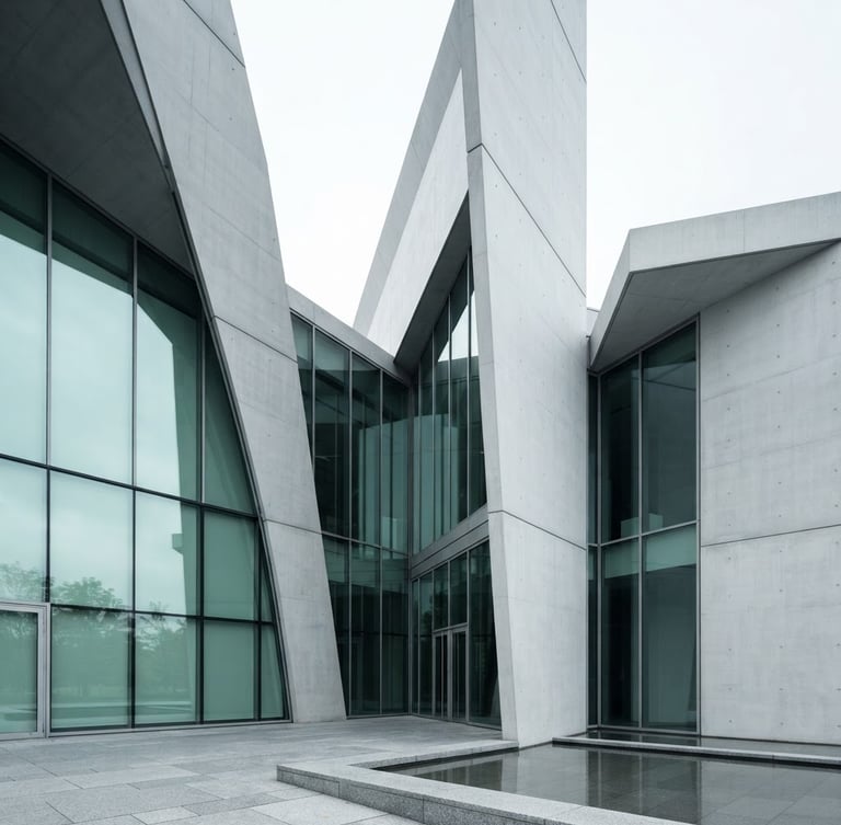 Sleek architectural photography of a soaring concrete and glass tech pavilion, cool daylight with subtle mint green reflections, sharp focus, Hasselblad medium format