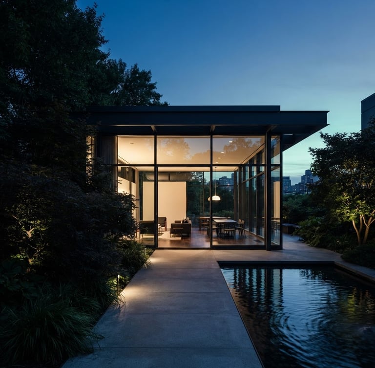 Sleek architectural photography of a minimalist glass and steel pavilion at dusk, cool daylight fading with subtle mint ambient accents, high-contrast composition, Hasselblad medium format