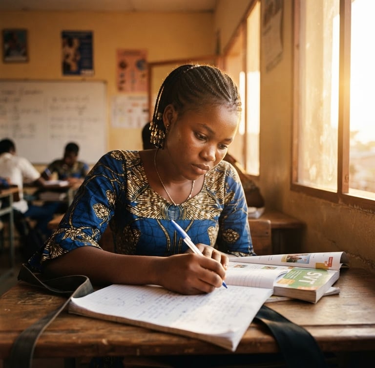 Low-angle portrait of a focused Guinean student in a bright classroom, warm golden-hour sunlight streaming through a window, shallow depth of field, 35mm film.