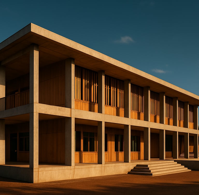 Wide architectural shot of a modern, beautifully designed school building in Guinea, clean concrete and warm wood accents, golden-hour light, cinematic framing.