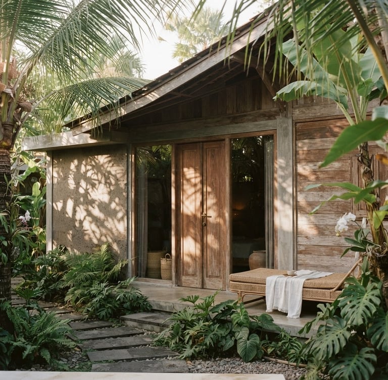 Warm editorial photograph of a minimalist Bali villa facade, soft morning sunlight filtering through tropical palm leaves, casting shadows on weathered teak wood and smooth volcanic stone, medium format film.