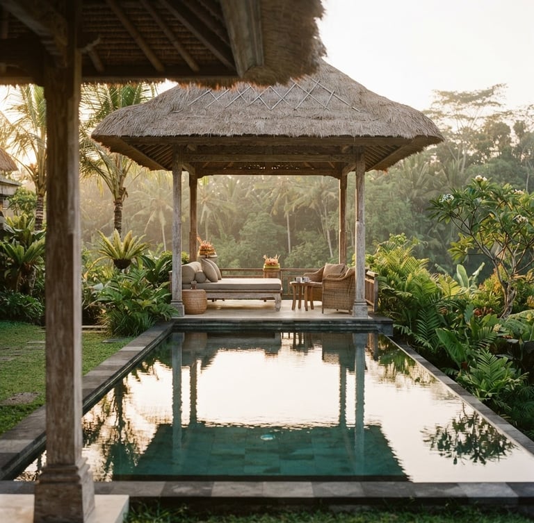 Warm editorial photography of a serene open-air pavilion in Bali at golden hour, sunlight reflecting off a perfectly still swimming pool, weathered teak columns, shallow depth of field.