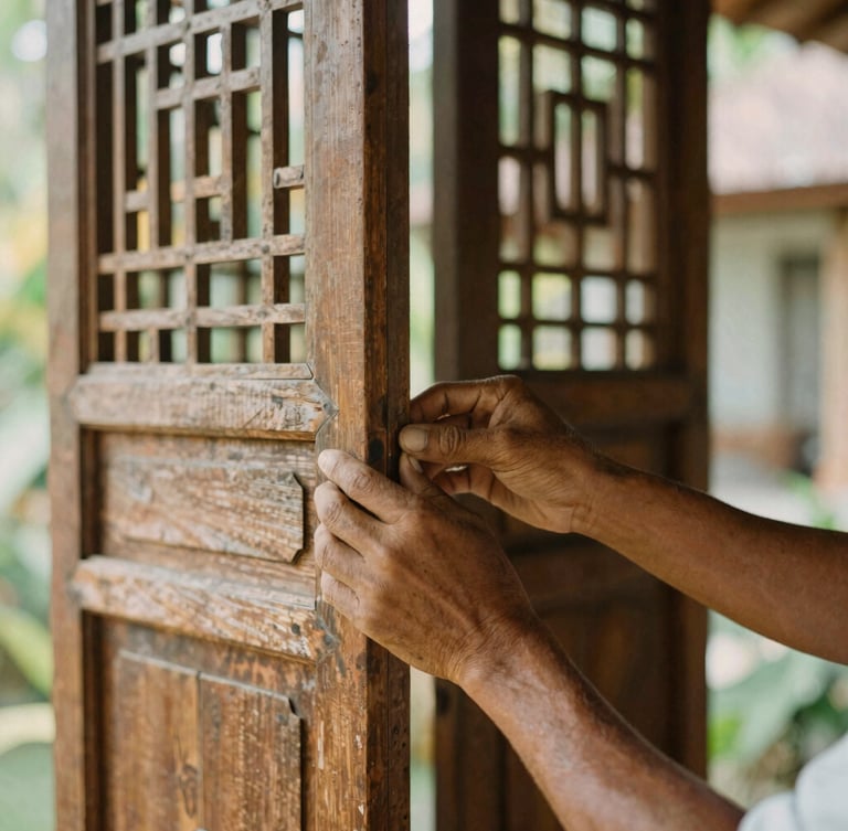 Vertical portrait of a craftsman's hands gently inspecting a joint in a weathered teak screen, warm soft morning sunlight, shallow depth of field, Bali villa background