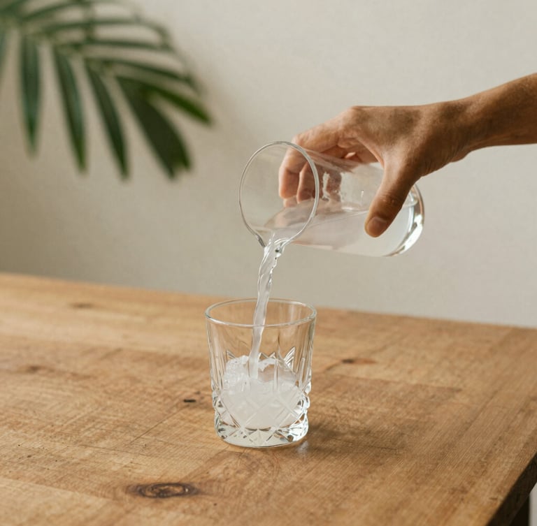 Close-up of hands pouring fresh coconut water into a crystal glass on a rough-hewn teak table, soft morning light filtering through tropical leaves, warm organic minimalism.