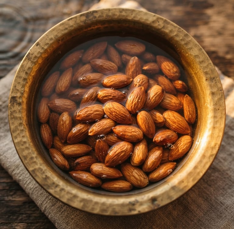 Macro overhead shot of organic almonds soaking in a traditional warm brass vessel, soft ripples on water, rich golden-hour side lighting.