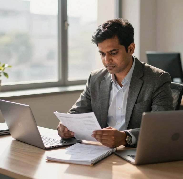 A professional Indian Chartered Accountant in a bright New Delhi office, reviewing physical ledgers alongside a modern laptop, warm natural window daylight, editorial corporate photography style.