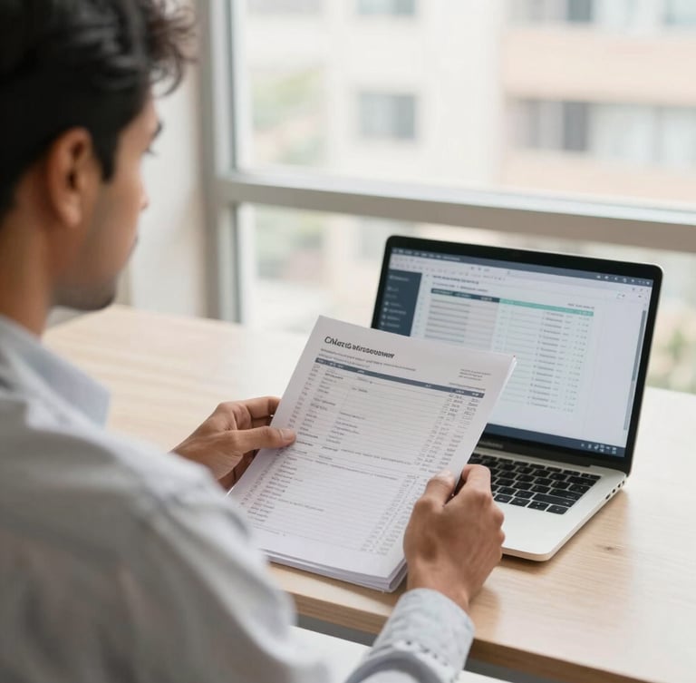 Over-the-shoulder view of a professional CA in a bright New Delhi office, reviewing tax ledgers and corporate documents on a modern laptop, bright natural daylight coming through a large window, warm neutral tones