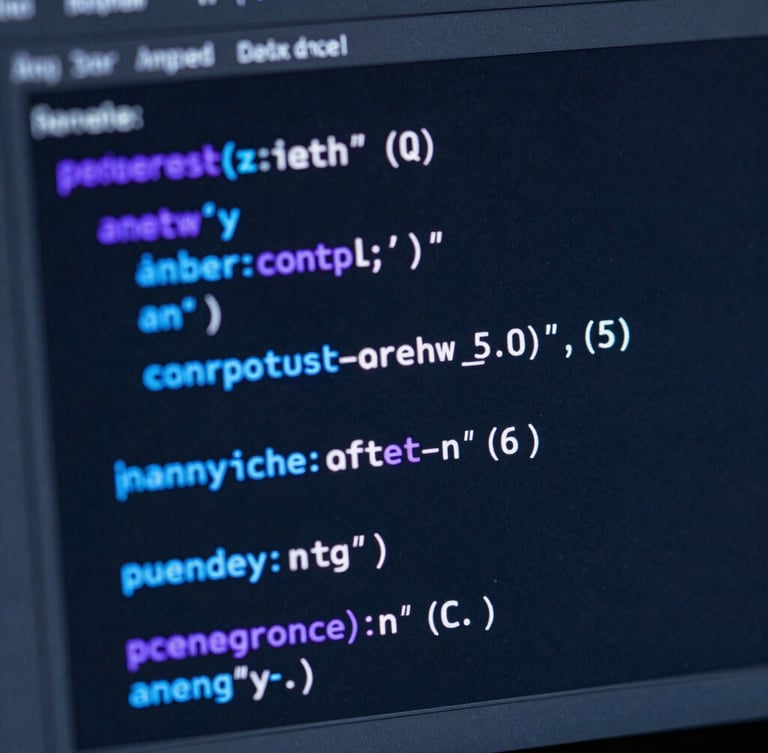 Extreme close-up macro shot of a clean code interface on a dark monitor, glowing electric blue and neon purple syntax highlighting, sharp geometric reflections, high-tech engineering aesthetic.