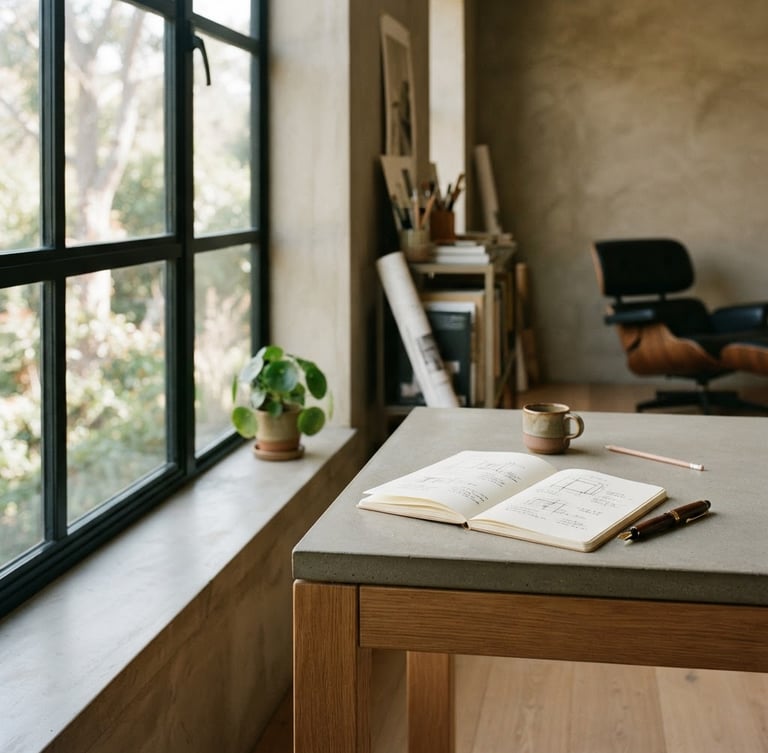Clean, architectural creative studio workspace with a large window, soft natural side-lighting, a high-quality notebook and fountain pen on a minimalist desk, 35mm film grain, muted earth tones and deep greens, subject off-center right, low horizon.