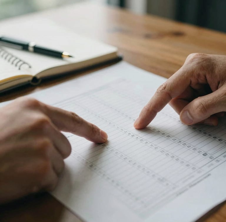 Close-up macro shot of hands pointing to specific lines on a printed financial report, a high-quality notebook and fountain pen visible on a polished wooden desk, soft natural window light, muted earth tones and deep greens, 35mm film grain