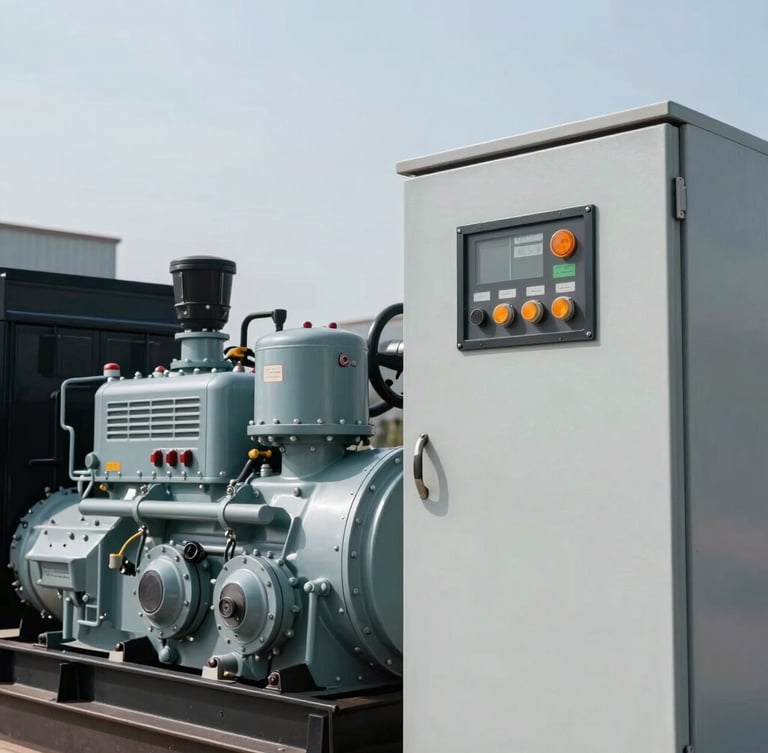 Close-up of a heavy-duty industrial diesel generator set control panel with steel casing and a safety orange indicator light, cool crisp daylight, 35mm