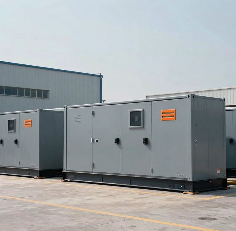 Wide environmental shot of a row of massive containerized diesel generator units installed outside an industrial facility, cool daylight, steel gray tones.