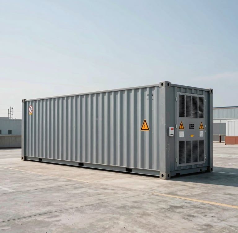 Industrial containerized BESS unit on a concrete pad, cool daylight, sharp metallic details, high-voltage warning markers, wide editorial 35mm composition.
