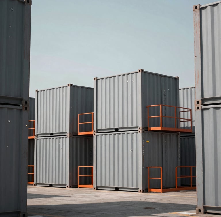 Wide environmental shot of heavy industrial BESS container units in cool, crisp daylight, desaturated steel tones, sharp orange safety accents, architectural framing.