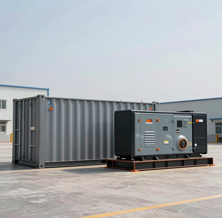 Industrial editorial photography of a heavy-duty BESS container unit paired with an enclosed diesel generator set, clean high-contrast daylight, steel gray tones with sharp orange accents, wide-angle architectural lens