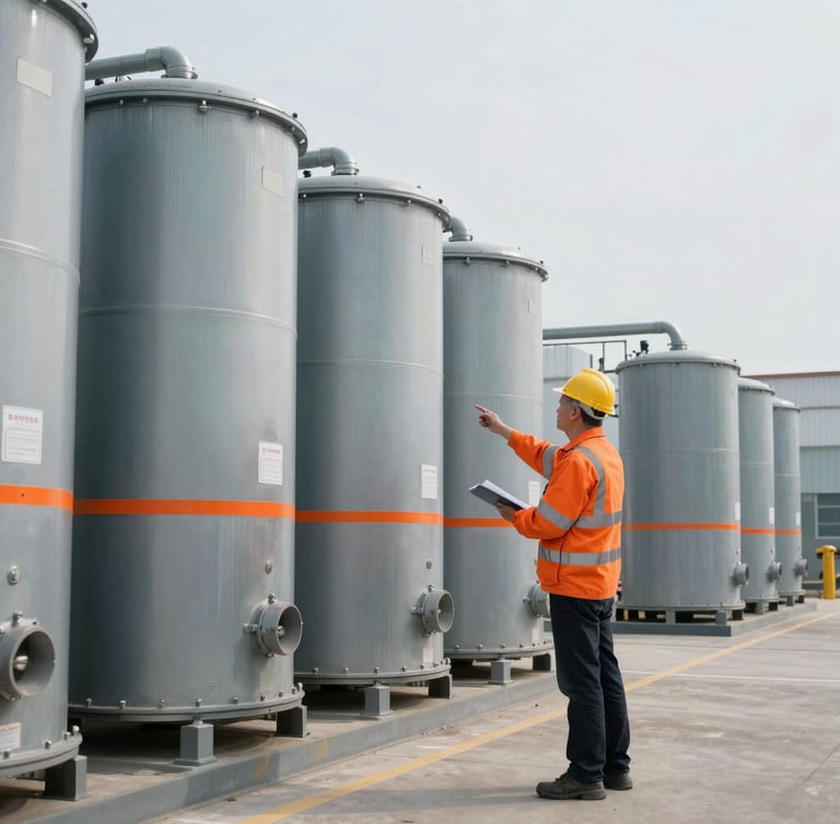 Industrial editorial photography of a senior power engineer in high-visibility safety gear inspecting a large Battery Energy Storage System (BESS) container, cool crisp daylight, desaturated steel tones with sharp orange accents, wide-angle lens