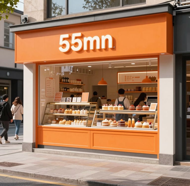 Wide environmental shot of a modern digital screen inside a busy neighborhood bakery, bright natural daylight, customers in the background, vibrant orange details, 35mm lens