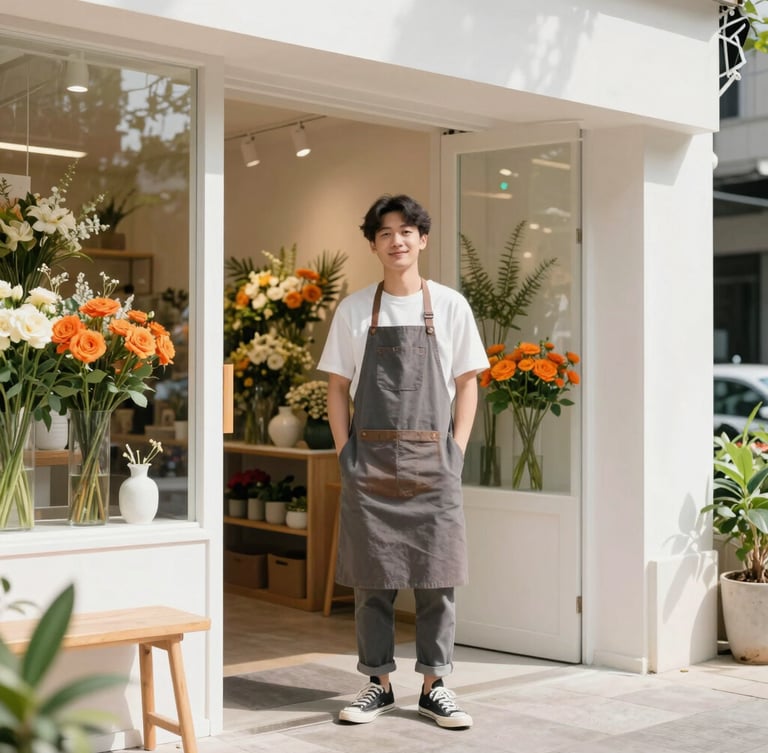 Bright editorial portrait of a local business owner standing proudly inside her clean, modern flower shop, natural daylight, warm atmosphere, 35mm lens