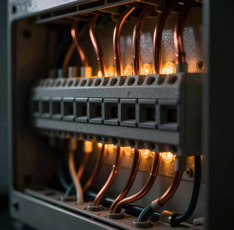 Macro photography of a perfectly organized breaker panel, copper wiring routed with geometric precision, low-key dramatic lighting, sharp contrast, dark metallic textures, glowing amber light accents, 35mm
