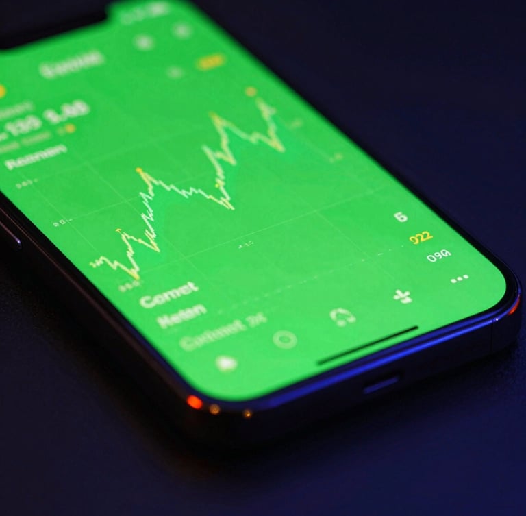 Tight macro shot of a sleek smartphone screen displaying an electric green stock trend card, dark moody studio lighting, vibrant neon accents