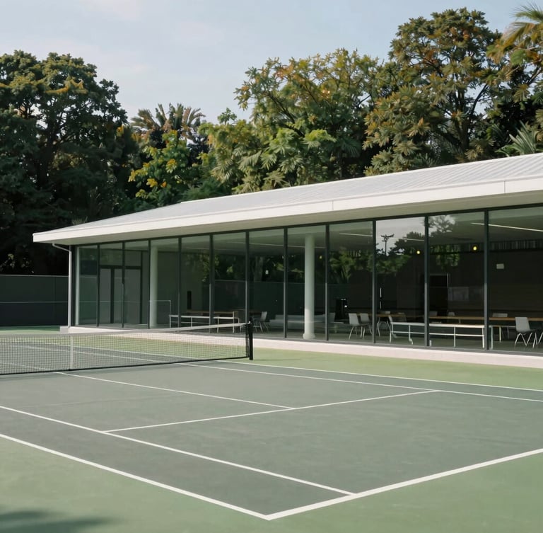 Architectural view of a premium modern club house with glass walls overlooking outdoor tennis courts, bright natural daylight, 35mm