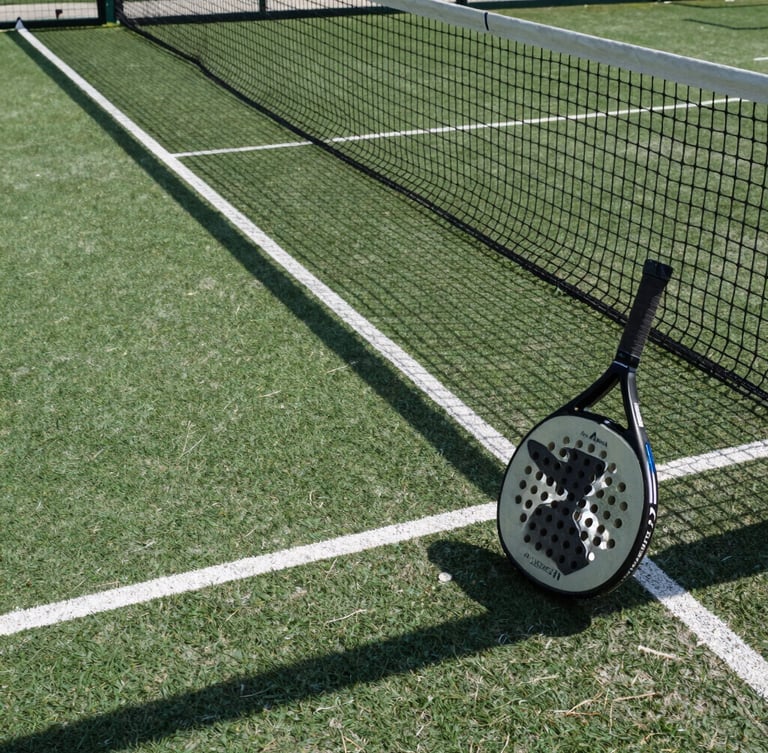 Dynamic low-angle shot of a modern outdoor padel court, sharp morning shadows on the deep green surface, crisp white lines, racket resting against the net.