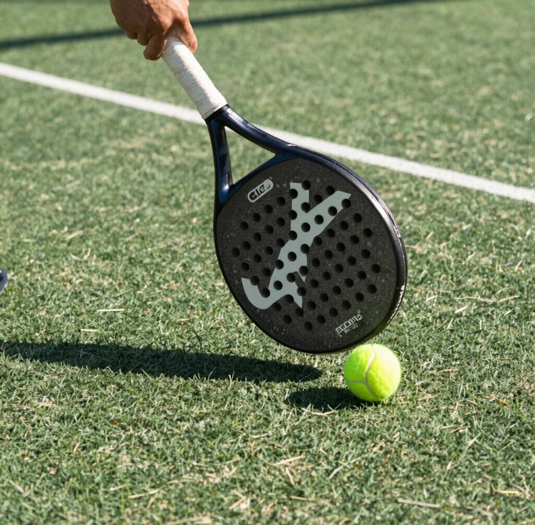 Close-up action shot of a premium graphite padel racket striking a tennis ball, crisp morning light, sharp shadows on a textured green court surface.