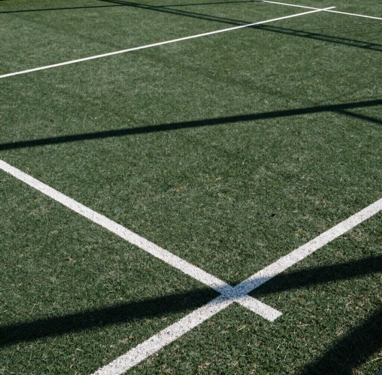 Dynamic low-angle shot of a crisp outdoor padel court with sharp morning shadows, deep forest green turf, white lines, 35mm photography