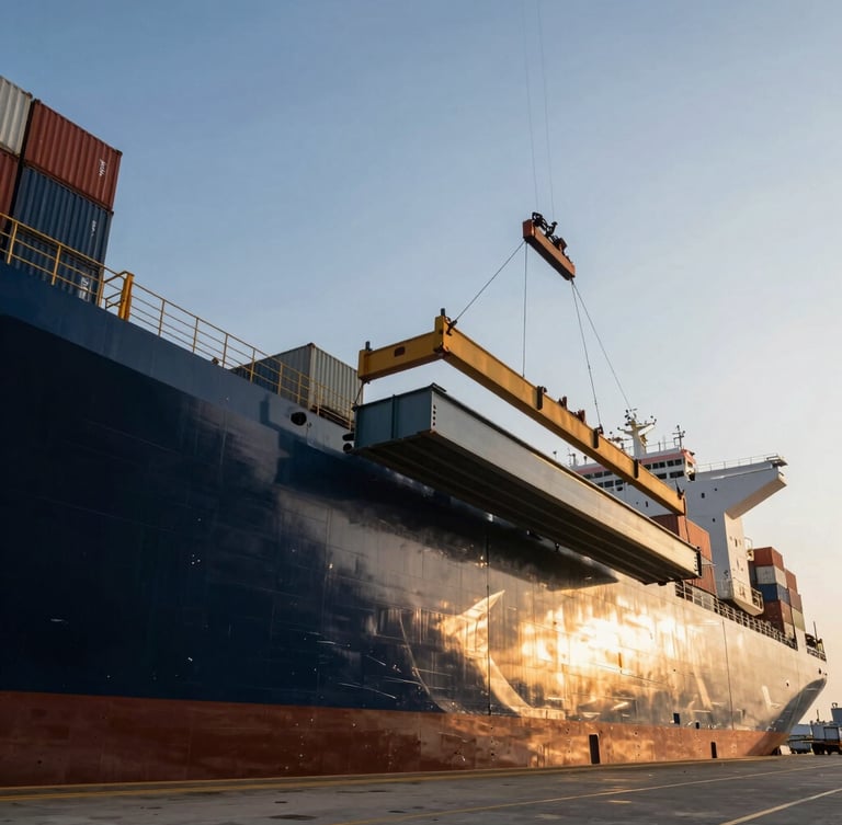 Low-angle heroic perspective of architectural steel beams being loaded onto a massive cargo ship at a modern European logistics hub, golden hour sun glinting off metallic surfaces, sharp daylight, deep navy and warm gold tones