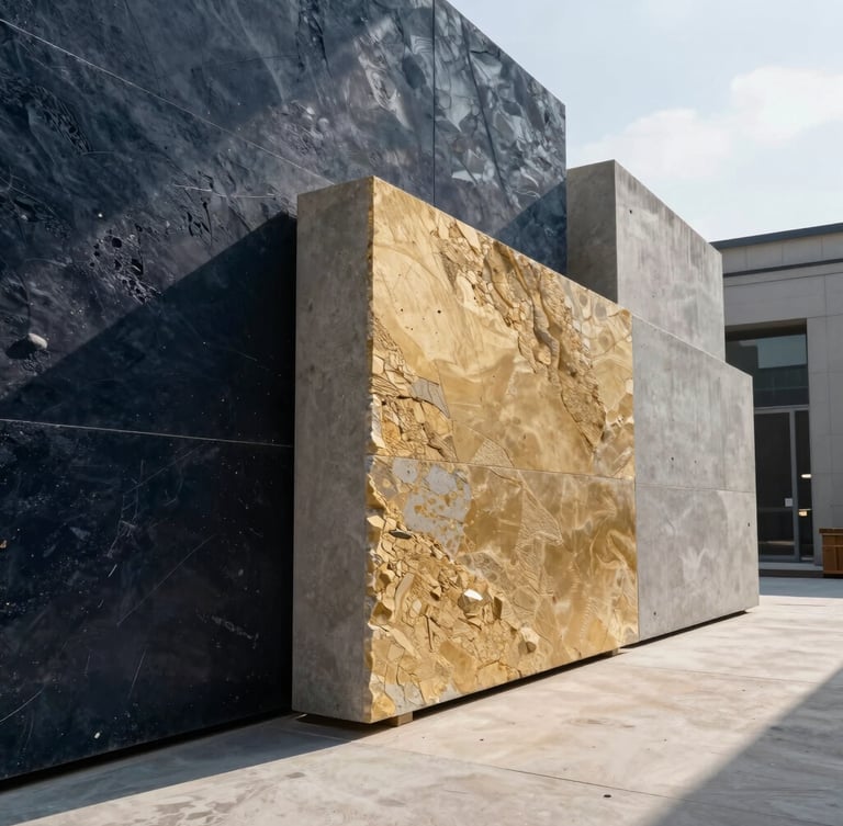 Close-up of high-quality raw stone textures and structured concrete panels at a clean, modern architectural site, dramatic high-contrast daylight with sharp shadows