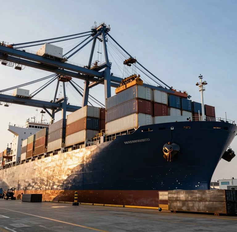 Low-angle heroic wide shot of a massive container ship unloading raw industrial steel and bulk cargo at a modern port terminal, high-contrast architectural daylight, golden hour glinting off metal surfaces.