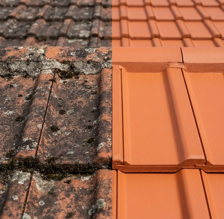 High-contrast split-screen image of a dirty terracotta roof tile next to a clean, vibrant terracotta roof tile, showing a clear transition line. Bright natural daylight, 35mm lens.