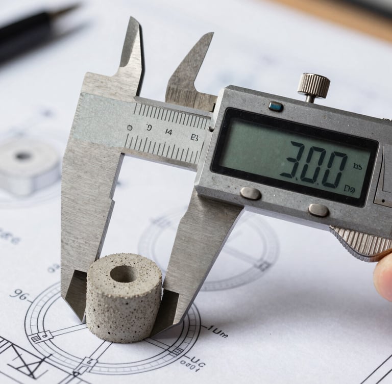 Extreme close-up of a high-precision digital caliper measuring a concrete core sample on a technical blueprint, crisp natural light, geometric composition.