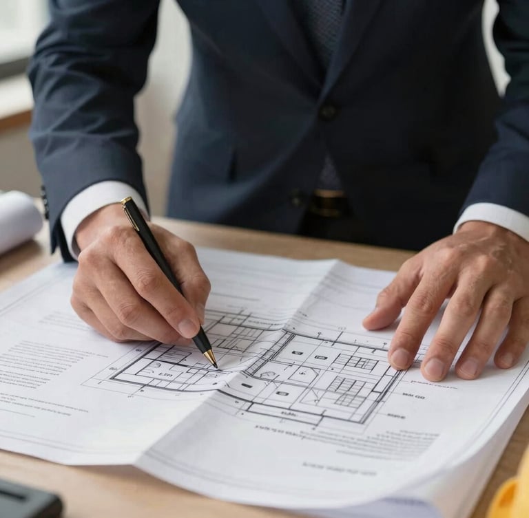 Professional close-up of a civil engineer in a dark suit analyzing structural blueprints overlaid with legal documents, crisp side lighting, high-contrast geometry