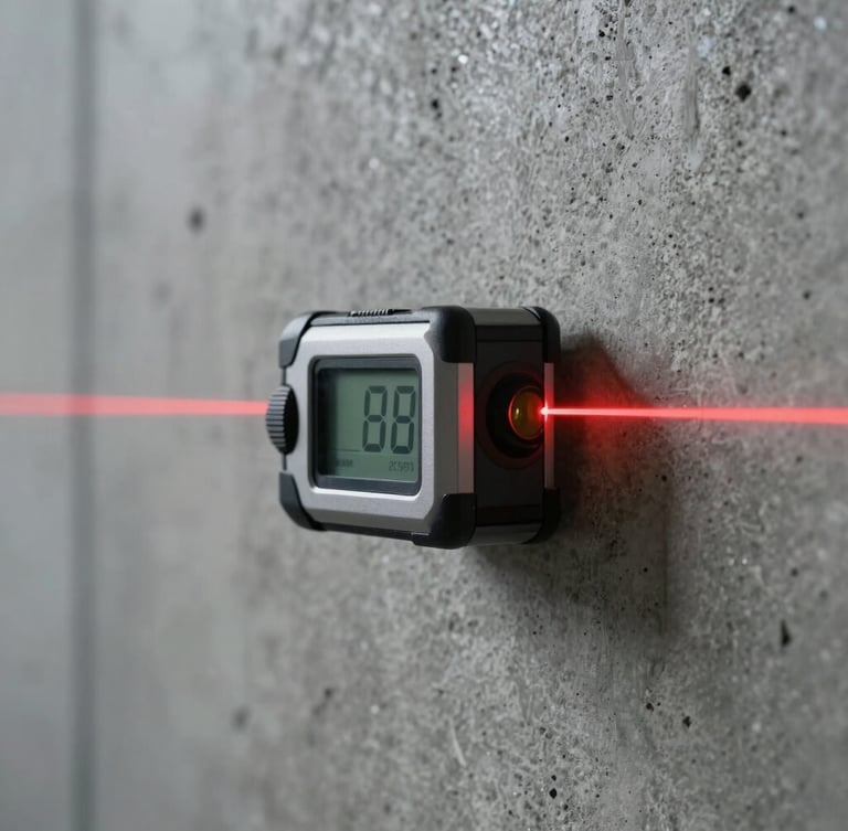 Macro shot of a high-precision digital laser level casting a crisp red line onto a textured concrete wall, cool architectural lighting