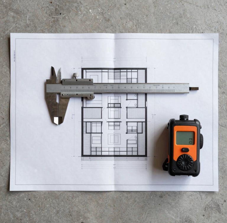 Symmetrical architectural blueprint laid flat on a concrete table, overlaid with a technical steel caliper and a laser distance meter, high-contrast clean lighting.